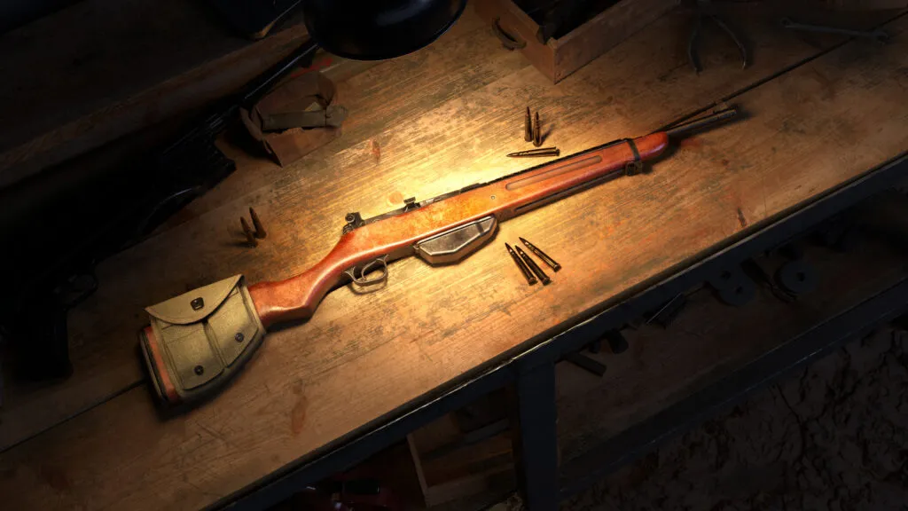 A Pedersen rifle set down on a work bench.