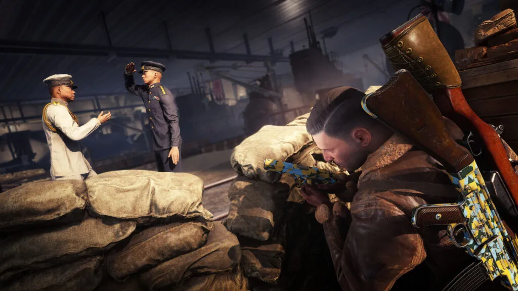 Karl Fairburne hides behind sand bags watching two Japanese soldier converse.