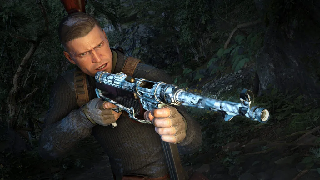 Karl Fairburne holds his SMG adorned with the Winter Weapons Skin wrap.