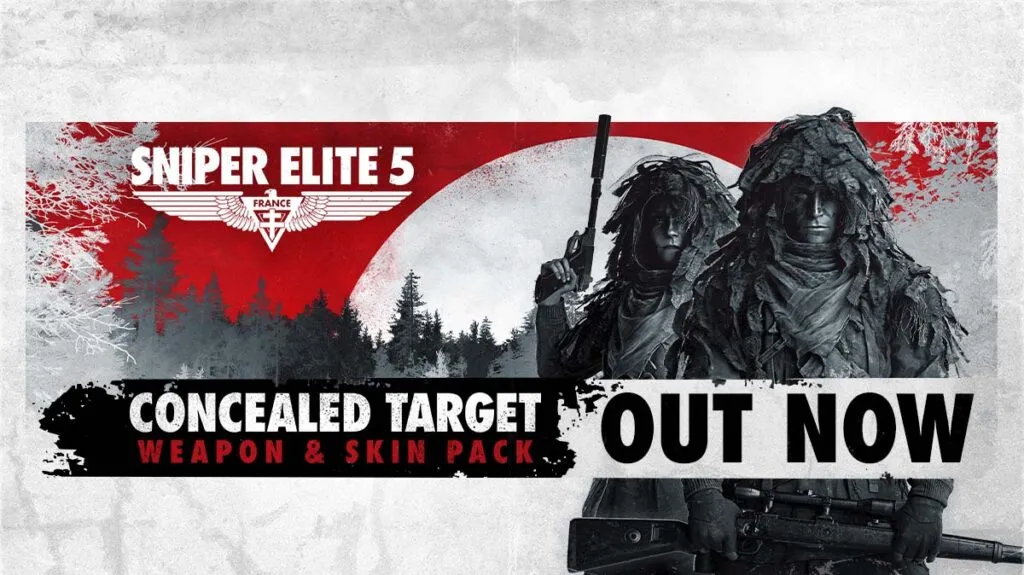 Key art for Sniper Elite 5 Concealed Target Weapon and Skin Pack, out now. Karl and Monika in greyscale, stand against a three colour backdrop, with a dark and light grey forest, red sky and white moon.