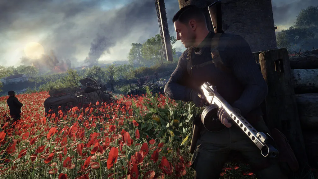 Image shows Karl Fairburne holding a PPSH submachine gun in a poppy field watching an enemy procession.