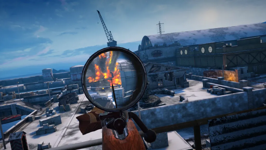 A view through the scope of a sniper. The scene is of a dock and the sniper has just caused an explosion with his shot.