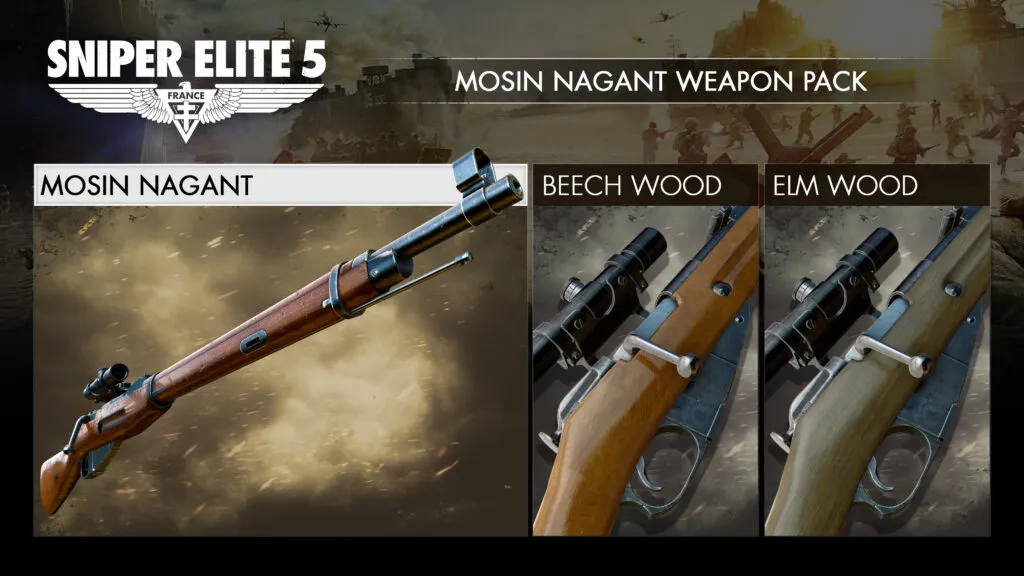 A Mosin Nagant beauty shot. The image shows the Beech and Elm Wood variants skins.
