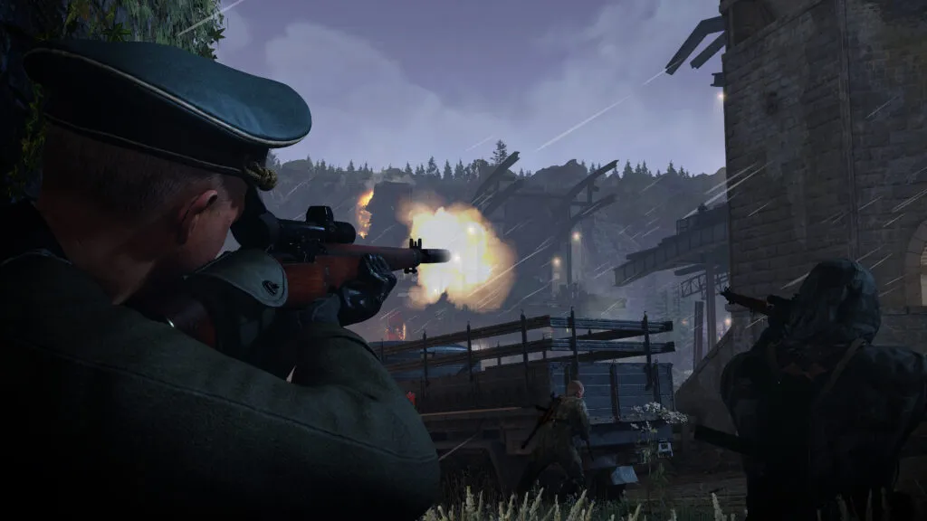 An Axis squadron take aim with their rifles in the new Rhine Crossing map.