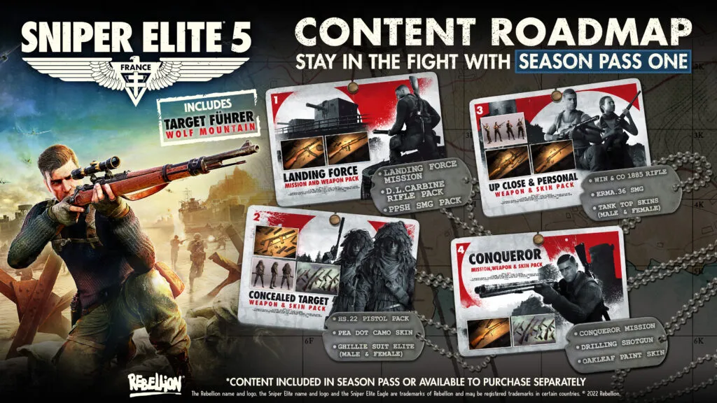 A list of the contents of the Sniper Elite 5 Season Pass One Roadmap.