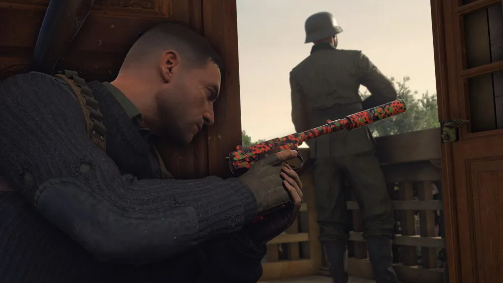 Karl Fairburne holding a pistol with the Pea Dot skin applied, stealthy and sneaking up behind an enemy.