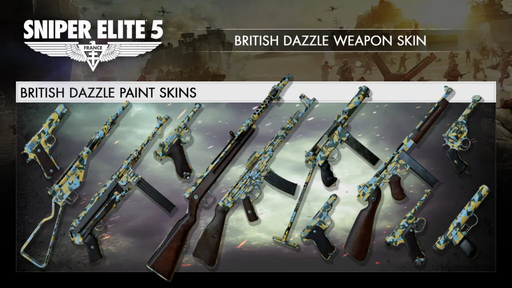 A selection of World War 2 weapons draped in the British Dazzle Weapon Skin.
