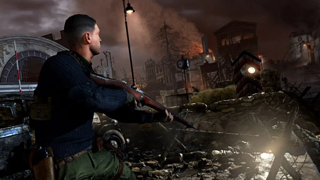Karl Fairburne holding a rifle, looking out over the map Amongst the Rubble at night.