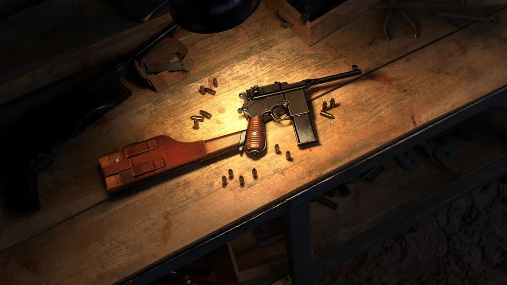 A Mod.712 pistol laying on a workbench with bullets strewn nearby.