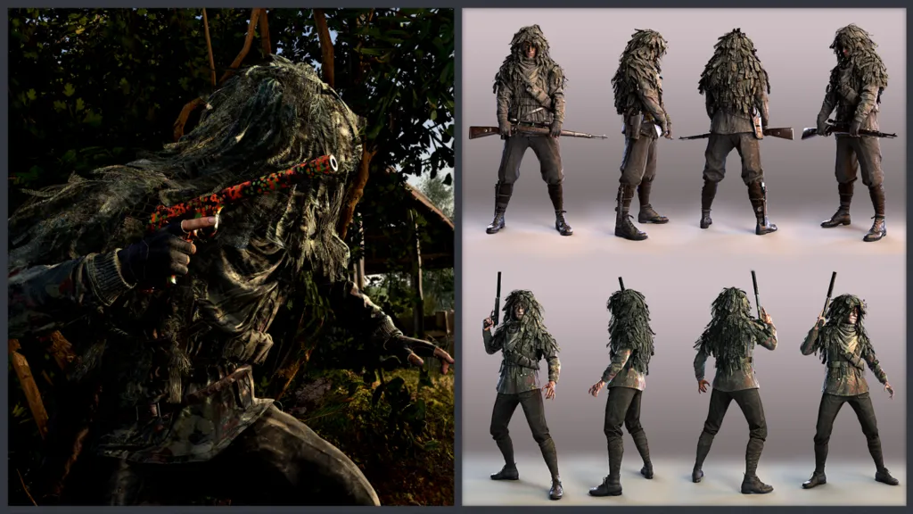 Left of image shows the Ghillie Suit Skin in action, blending in with the foliage, and on the right, all angle shots of Karl and Monika showing off the skin.