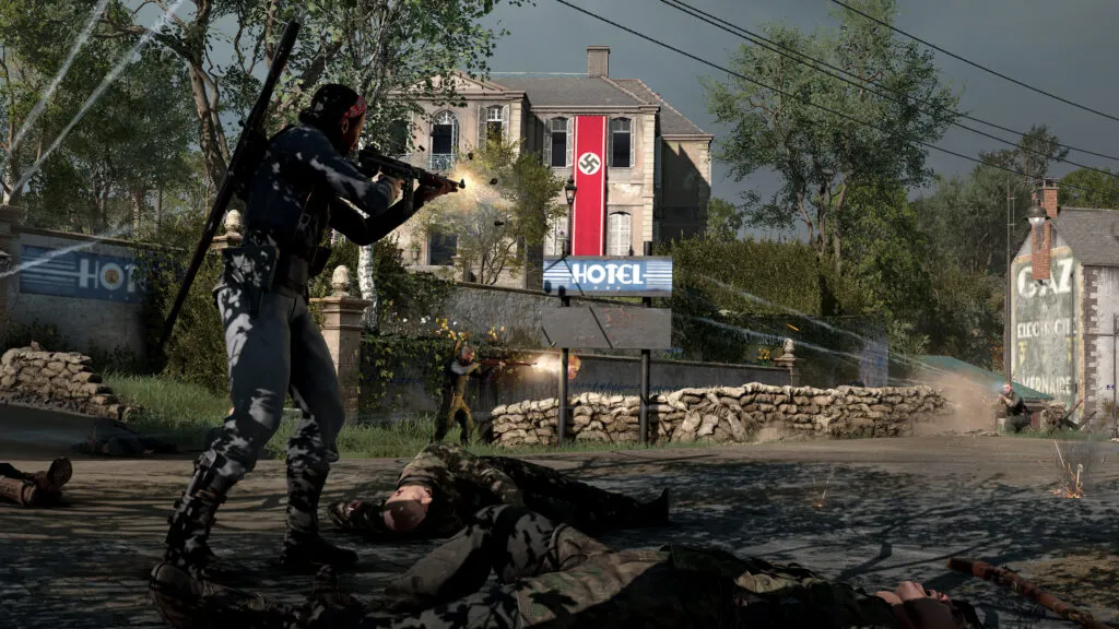 Blue Viper shoots her Thompson SMG on the new Tide of War Survivor map. Bodies of the recently deceased lay nearby.