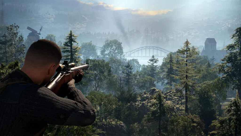 Karl Fairburne holds his SREM-1 sniper rifle and looks out towards a bridge on the horizon.